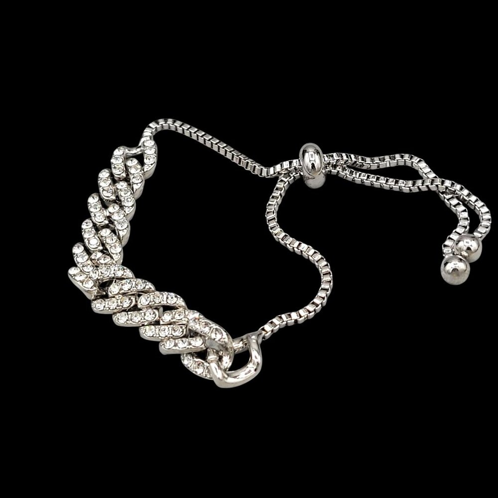 Silver Tone Encrusted Rhinestone Bracelet Flat Link Adjustable Bolo Clasp - Picture 2 of 4